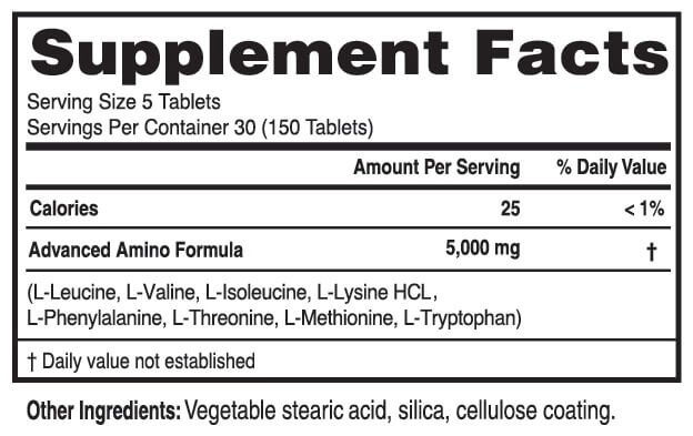 Advanced Amino Formula Supplement Facts panel: serving size 5 tablets, 5,000 mg of essential amino acids per serving, 150 tablets per bottle